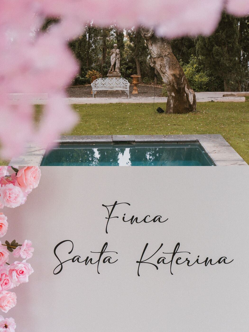 Finca Santa Katerina grounds and pool framed by pink blossom