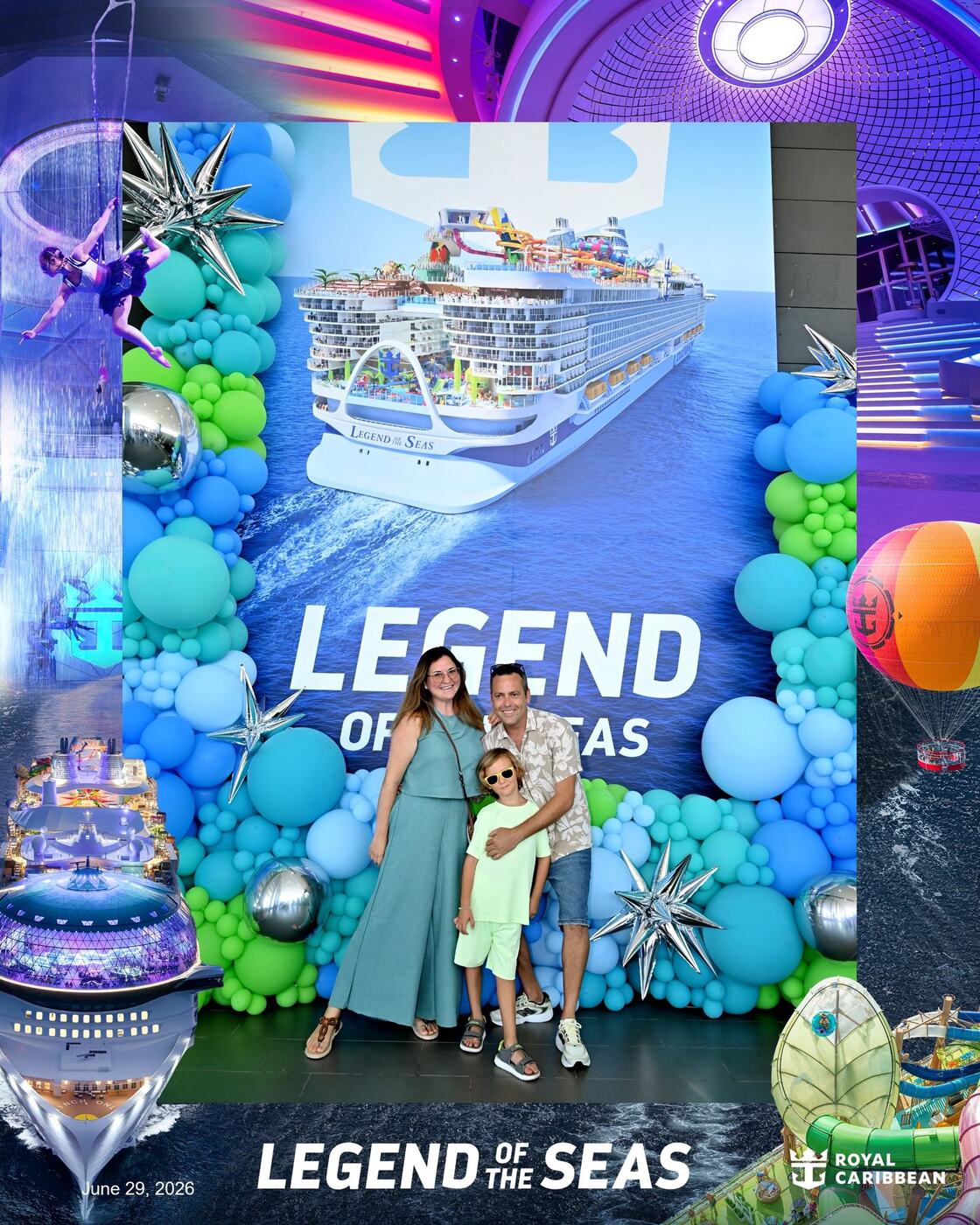 Family photo in front of the Legend of the Seas balloon backdrop